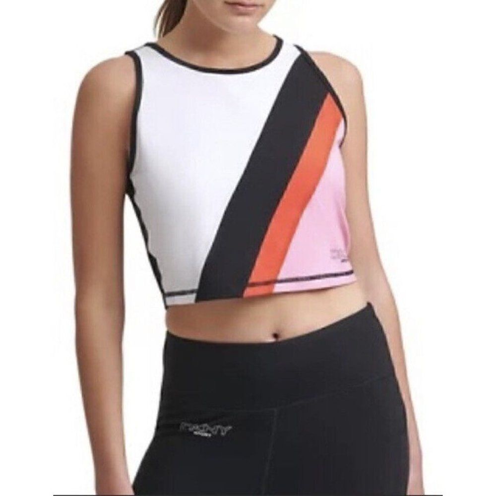 DKNY Sport Women's Black Pink Red Color Block Crop Top Sleeveless Large NWT